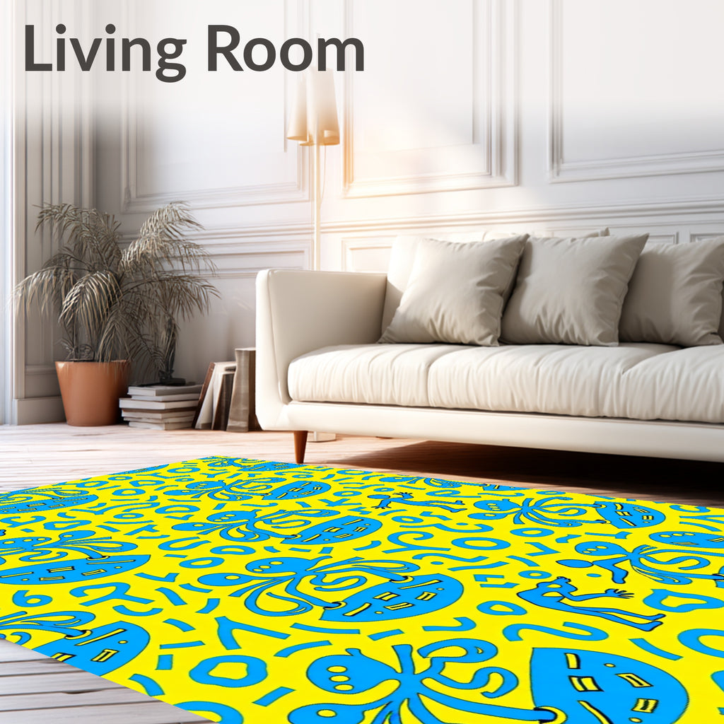 Bright Yellow Blue Whimsical Figures Rug
