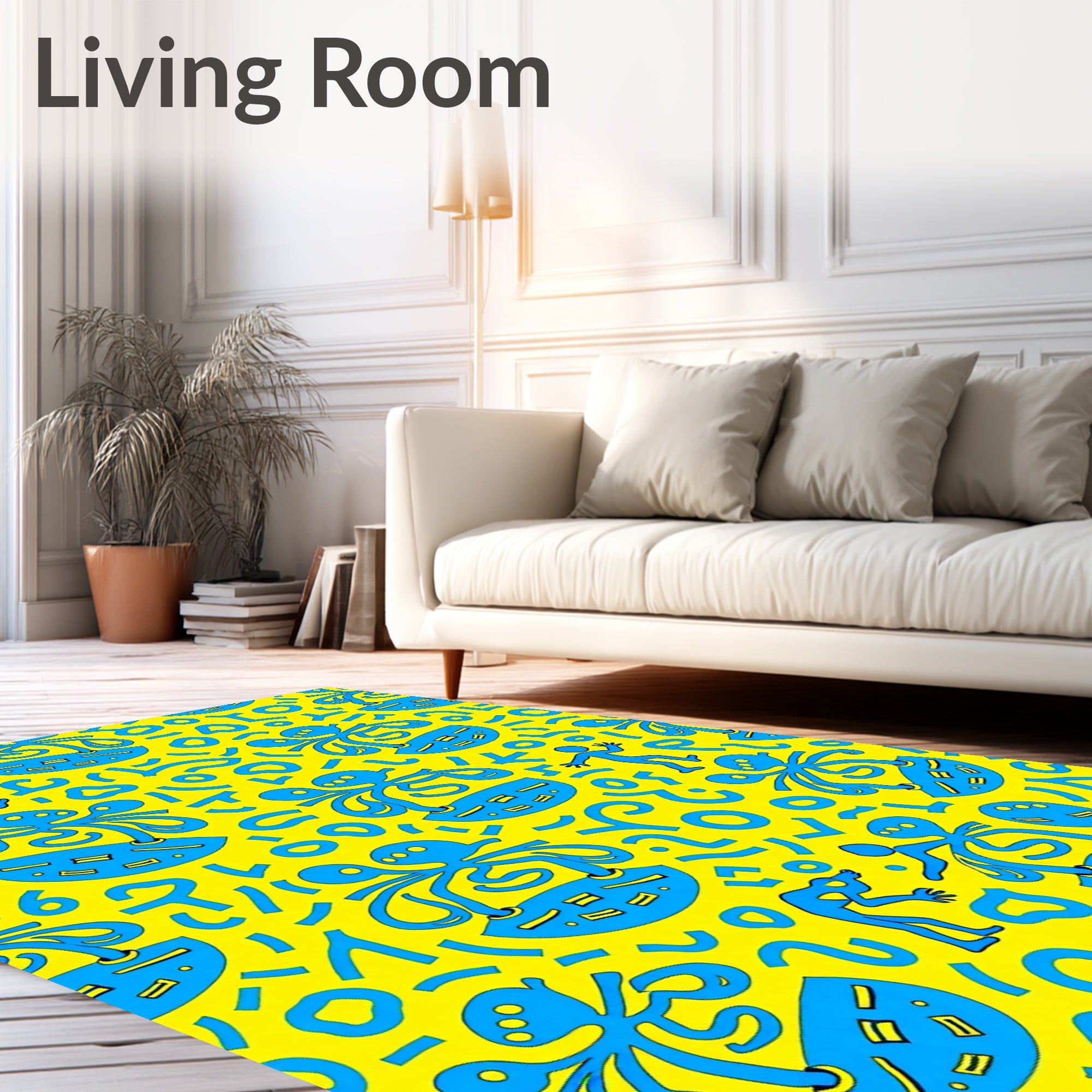 Bright Yellow Blue Whimsical Figures Rug