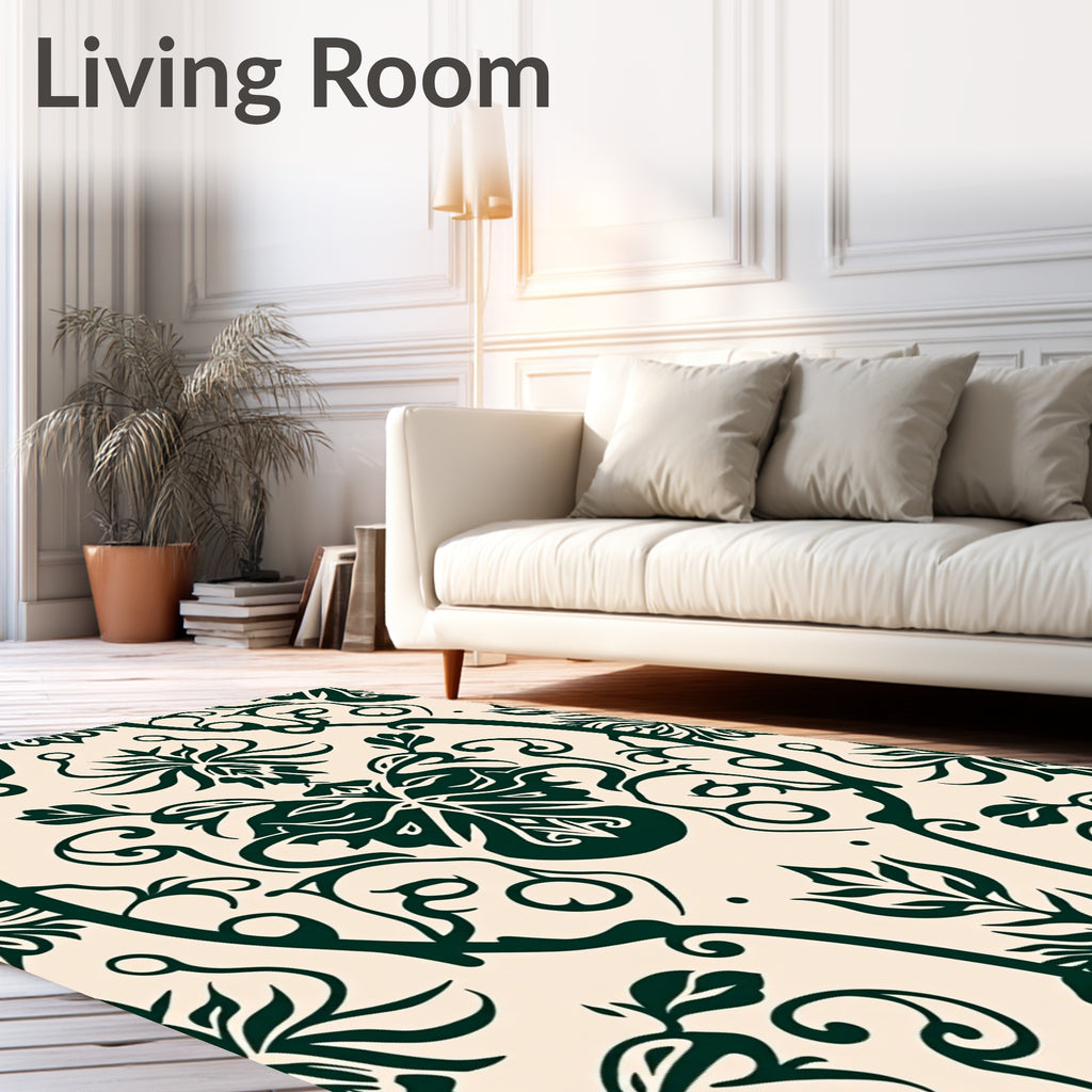 Dark Green Damask Floral Medallion Rug
