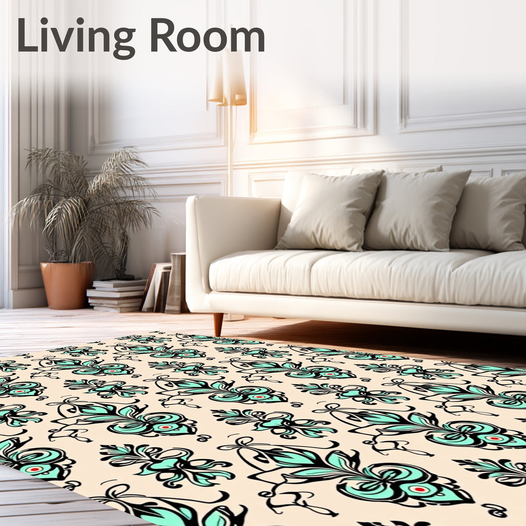Soft Teal and Black Floral Motif Rug