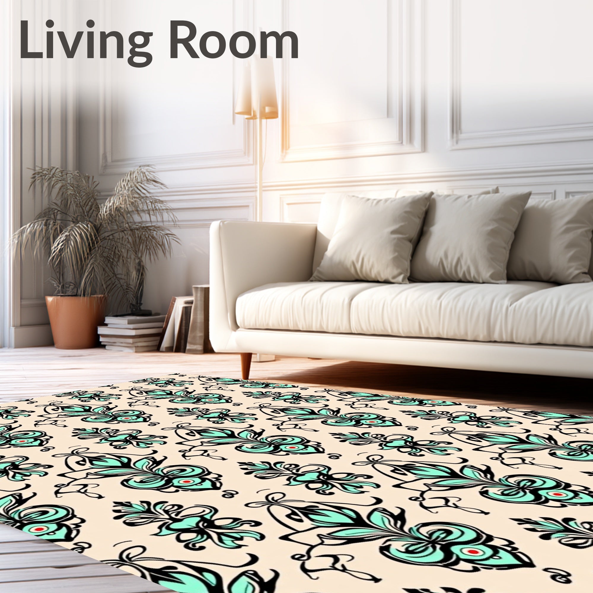 Soft Teal and Black Floral Motif Rug
