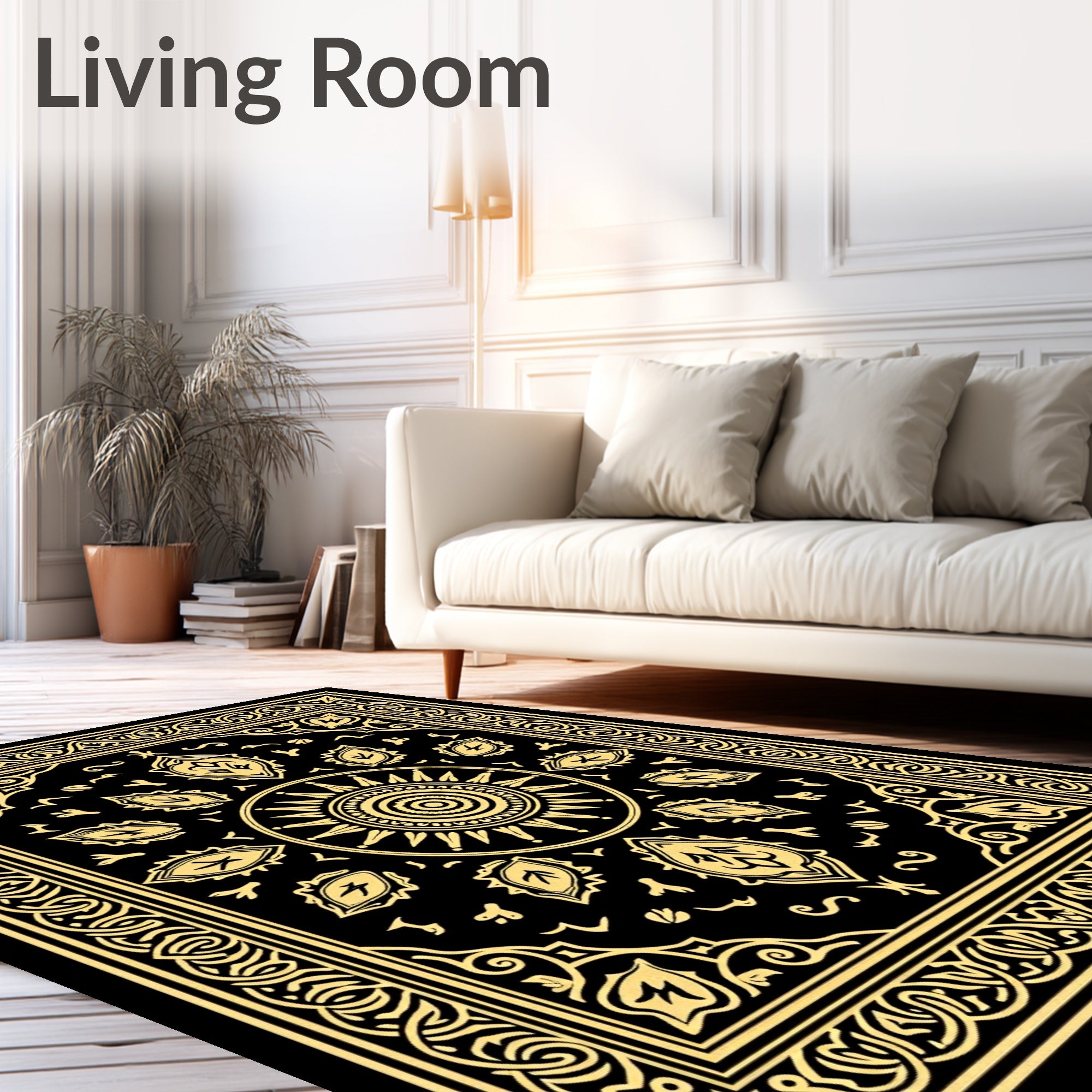 Golden Black Sun Medallion Border Rug