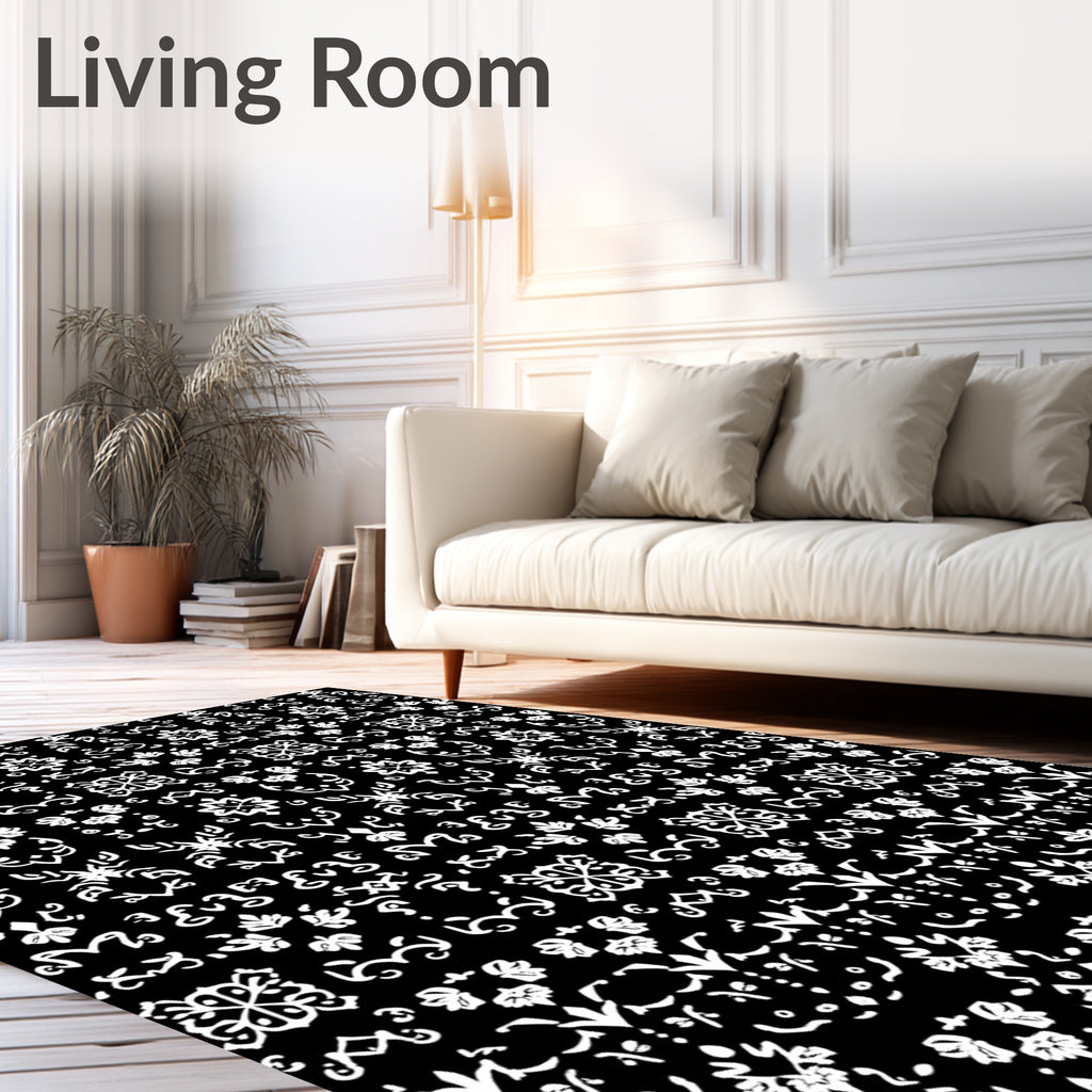 Bold Black White Intricate Floral Scroll Rug