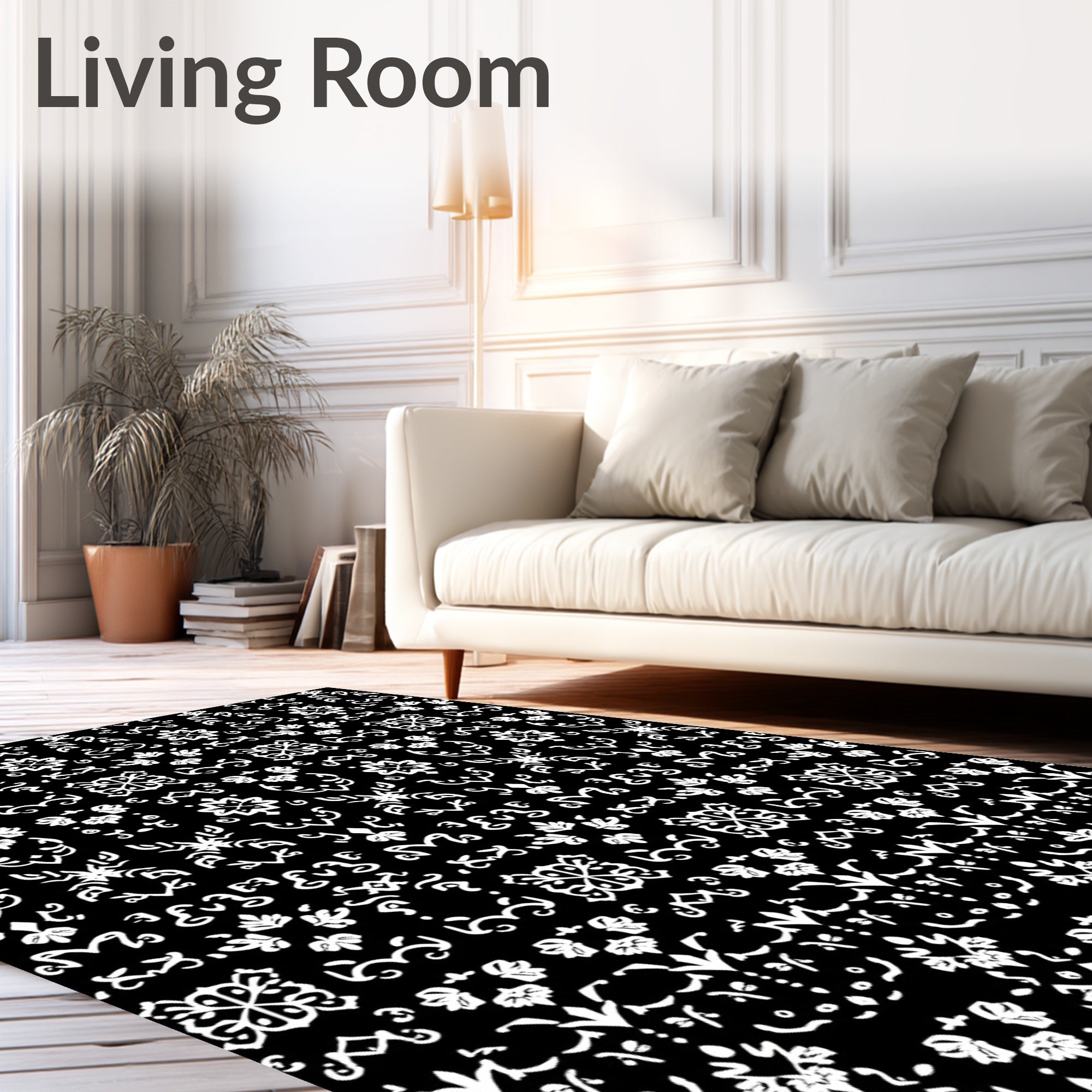 Bold Black White Intricate Floral Scroll Rug