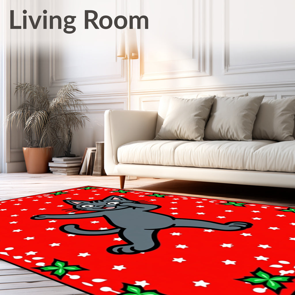 Joyful gray cat red star background Rug