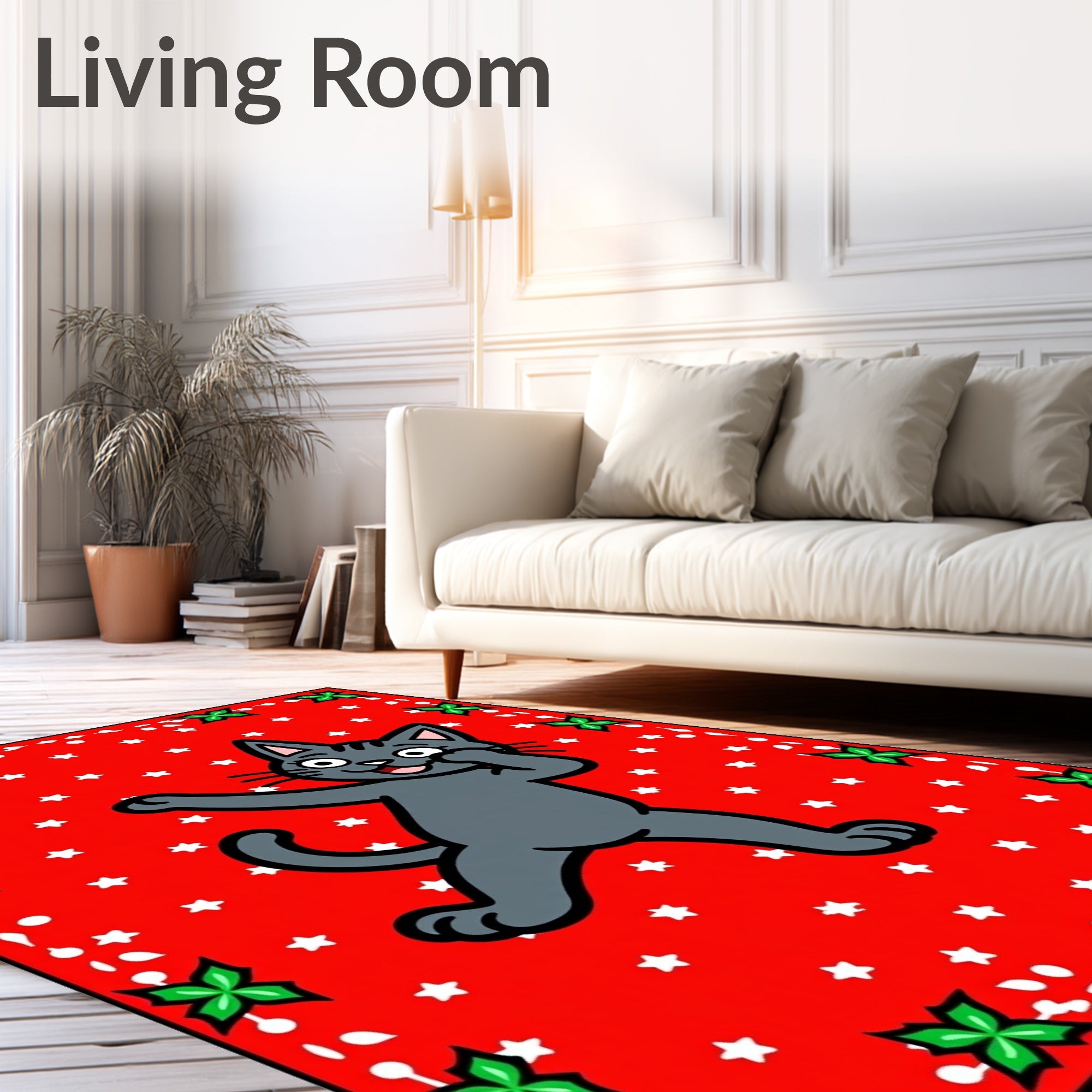 Joyful gray cat red star background Rug