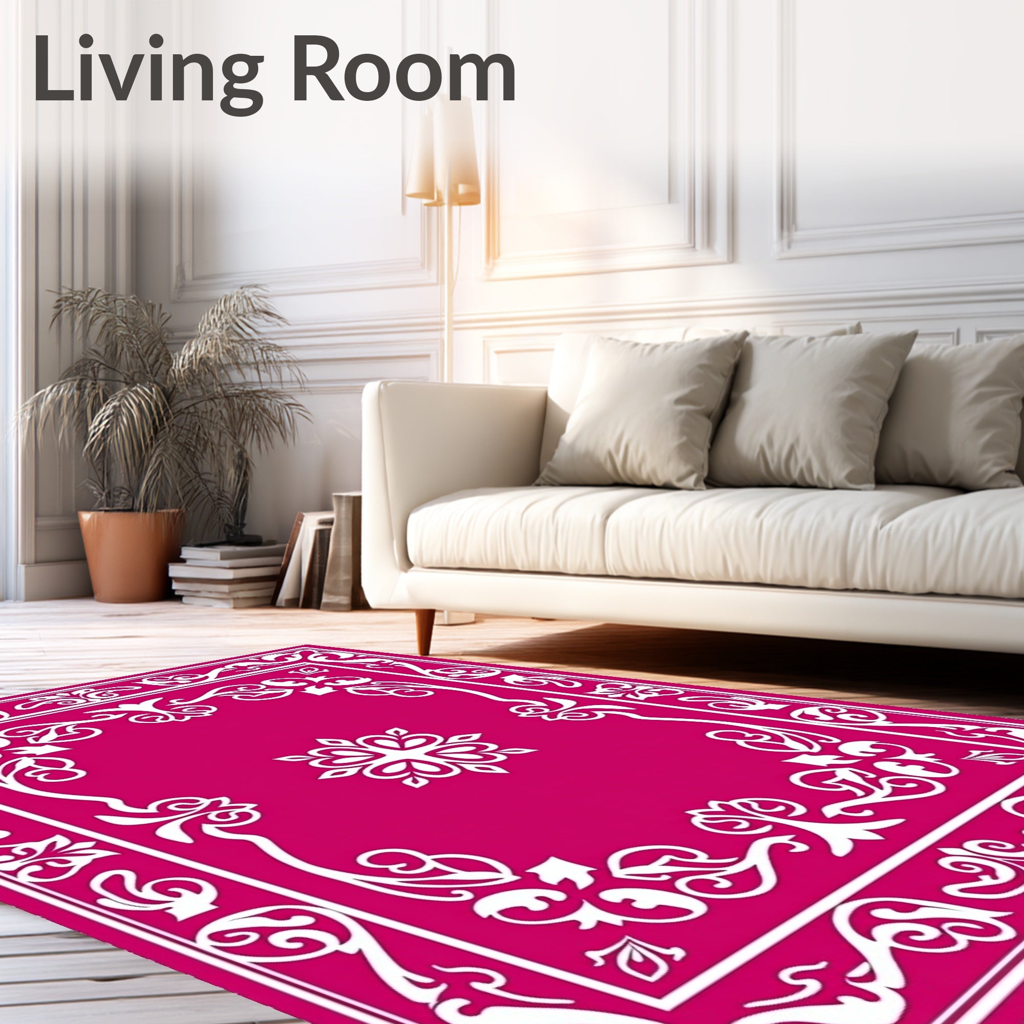 Fuchsia White Floral Scroll Border Rug