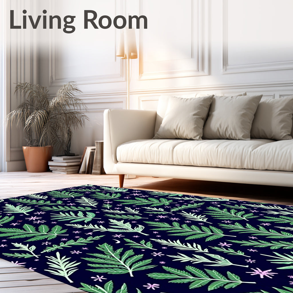 Forest Green Leafy Vines Pink Blooms Rug
