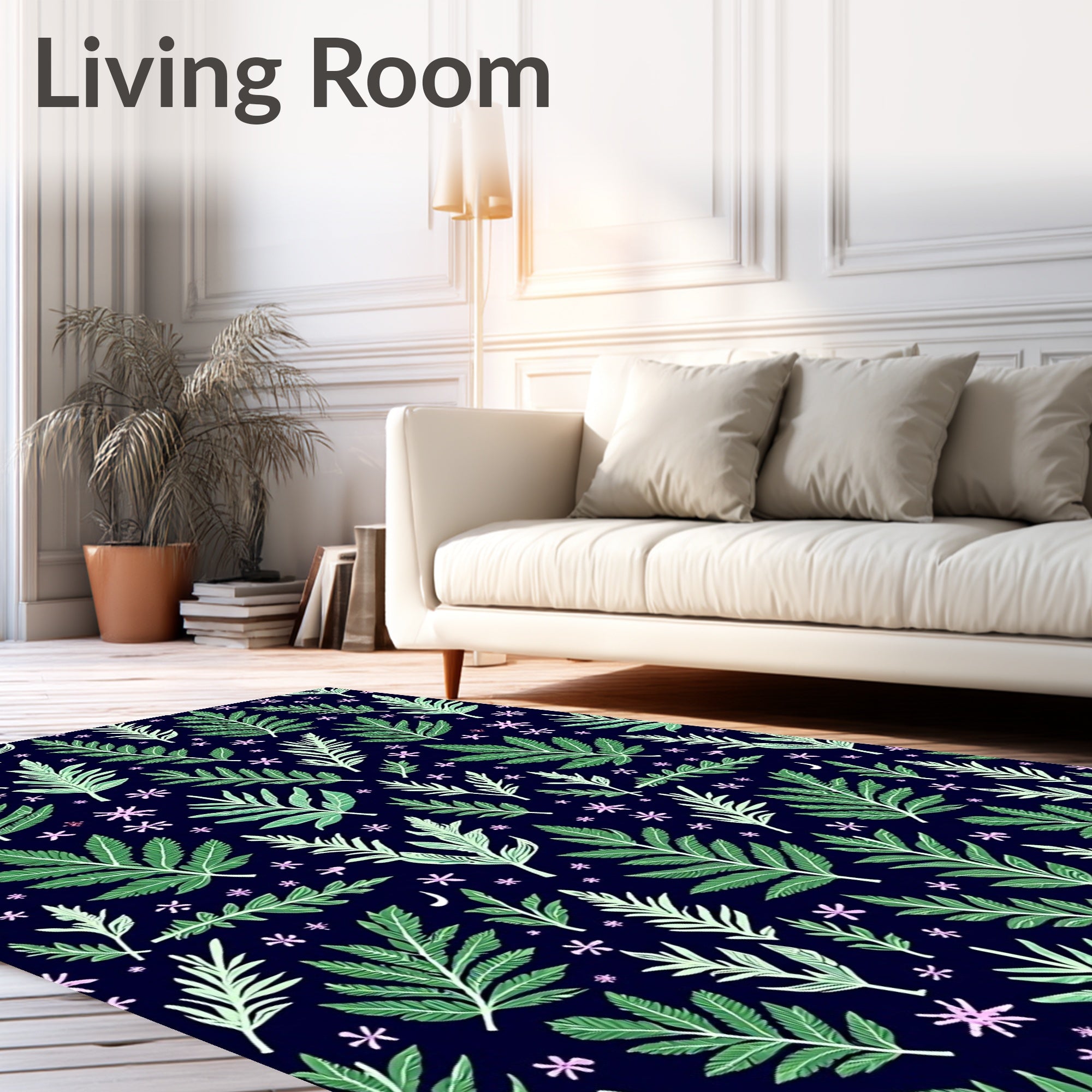 Forest Green Leafy Vines Pink Blooms Rug