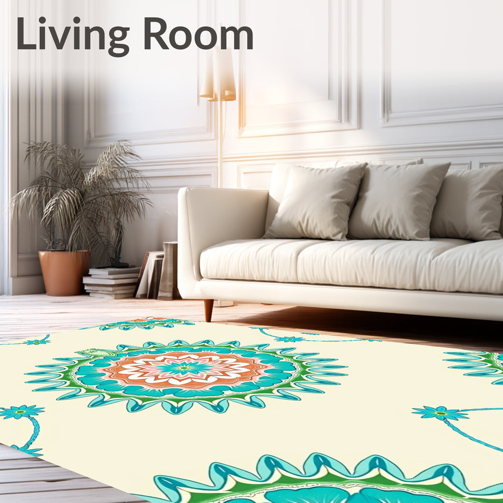 Coral Teal Sunburst Mandala Rug