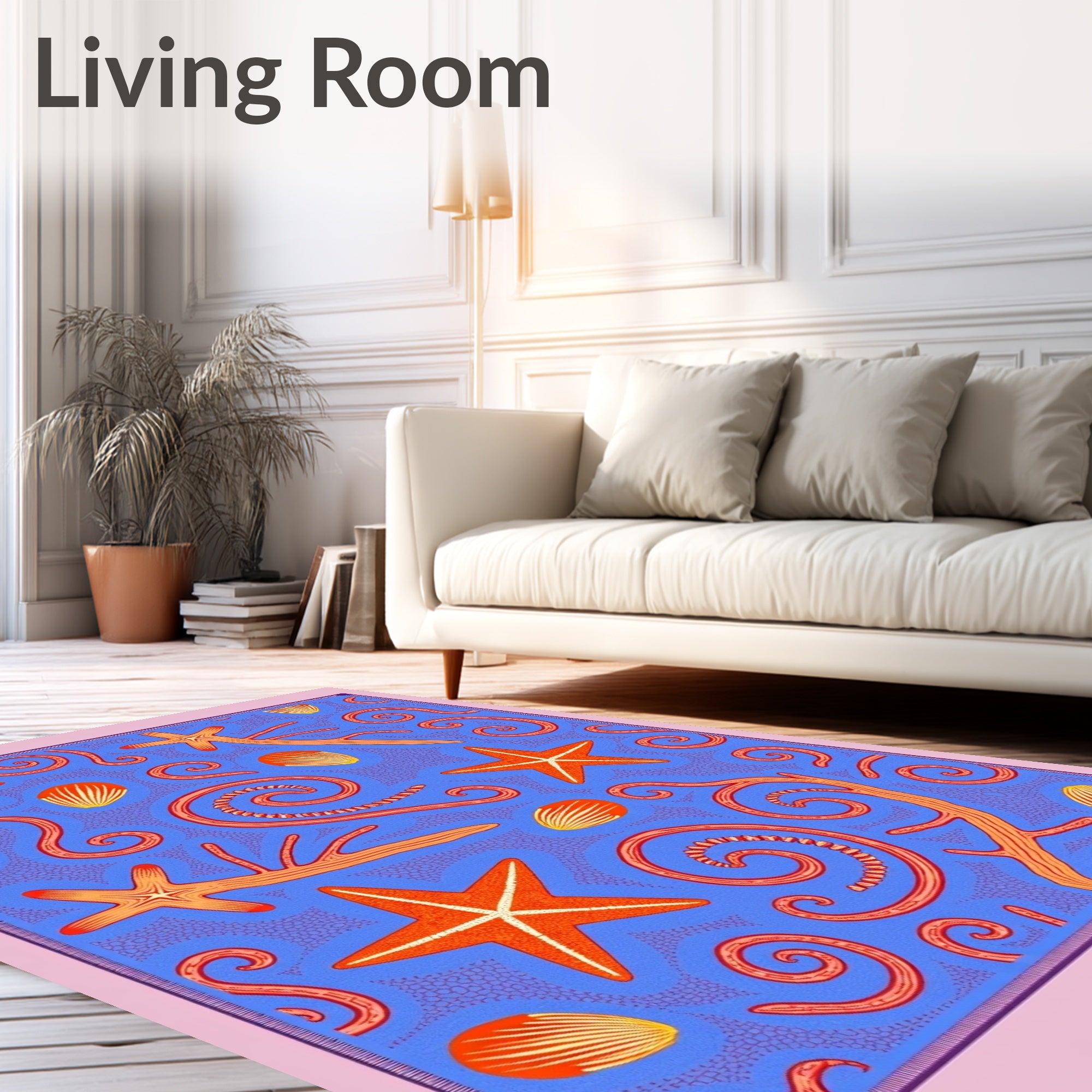 Orange Starfish Shells Swirls Blue Rug