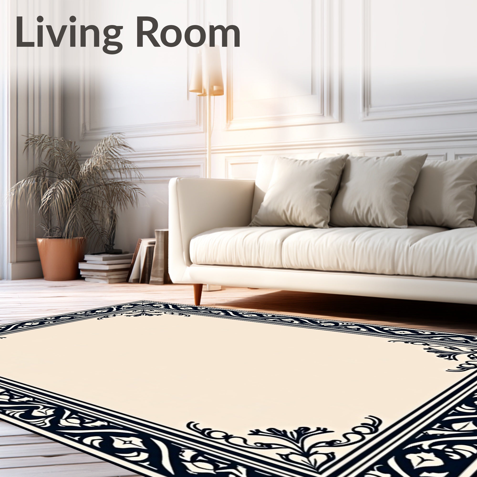 Ornate Navy Classic Floral Border Rug