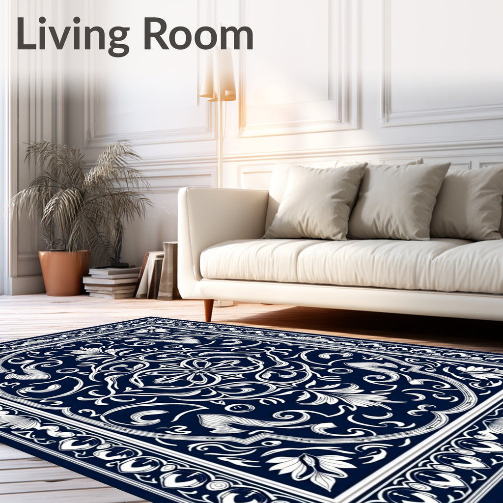 Deep Navy White Floral Scroll Border Rug