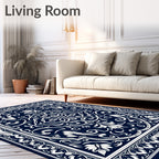 Deep Navy White Floral Scroll Border Rug