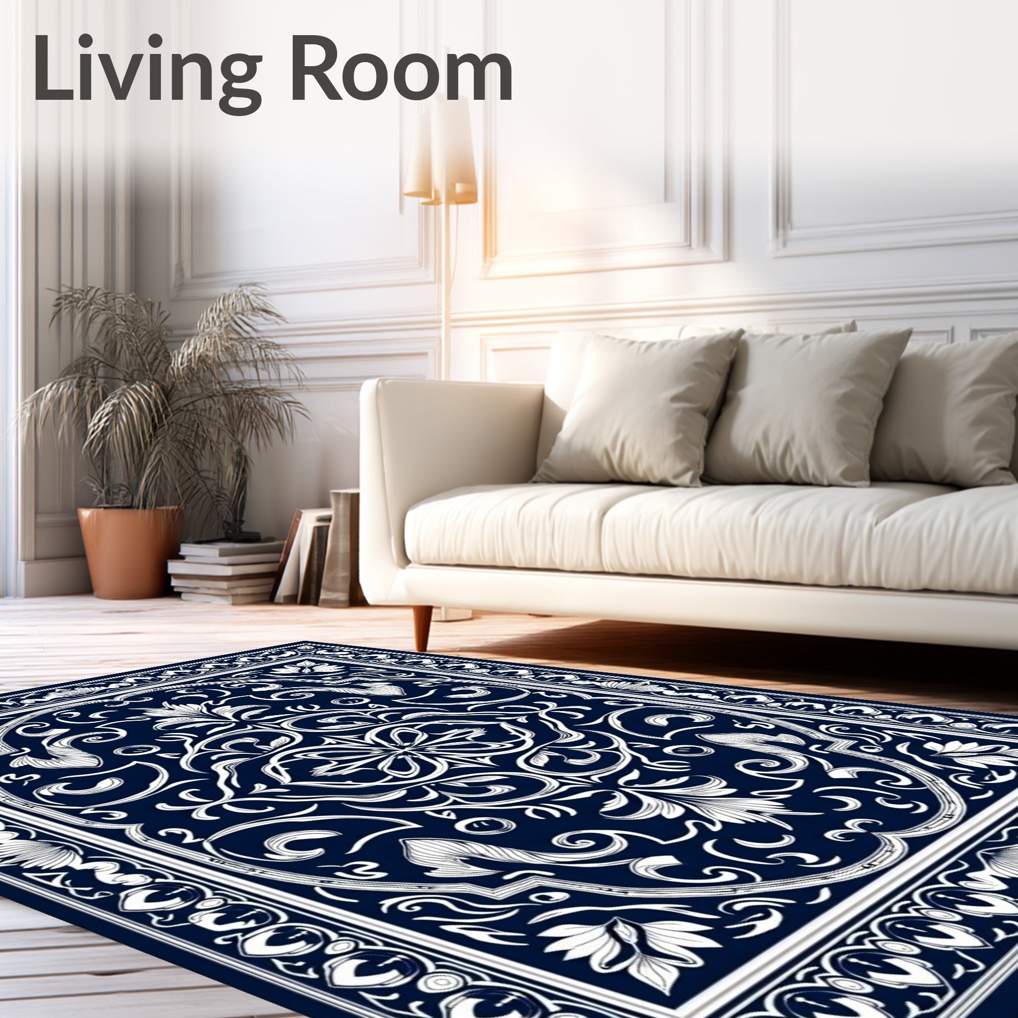 Deep Navy White Floral Scroll Border Rug