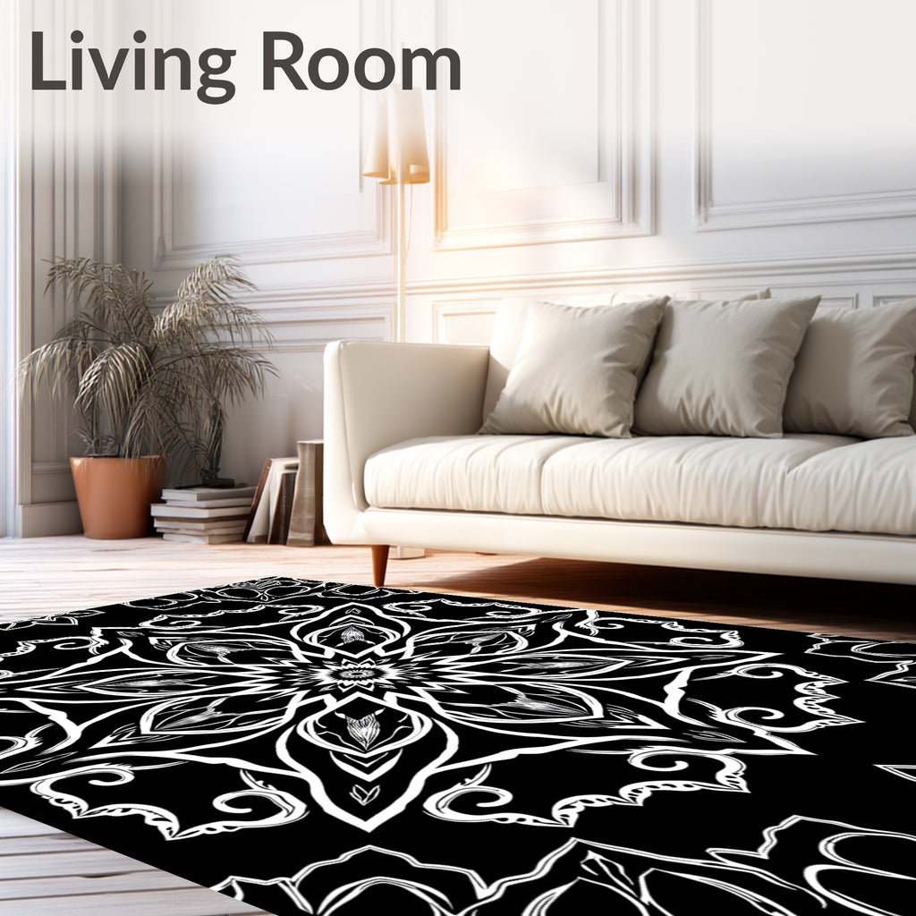 Ornate White Black Mandala Blossom Rug