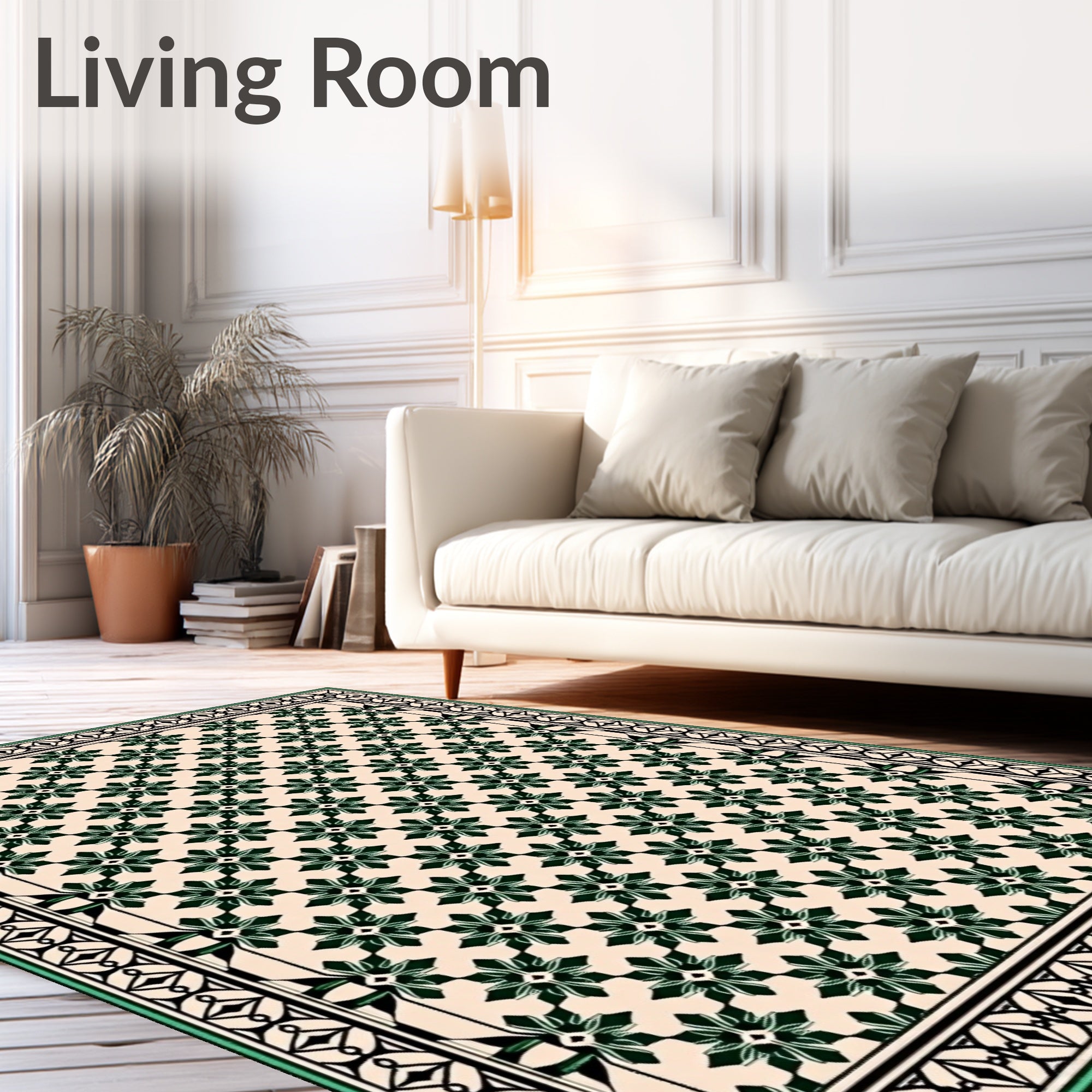 Classic Cream Green Floral Border Rug
