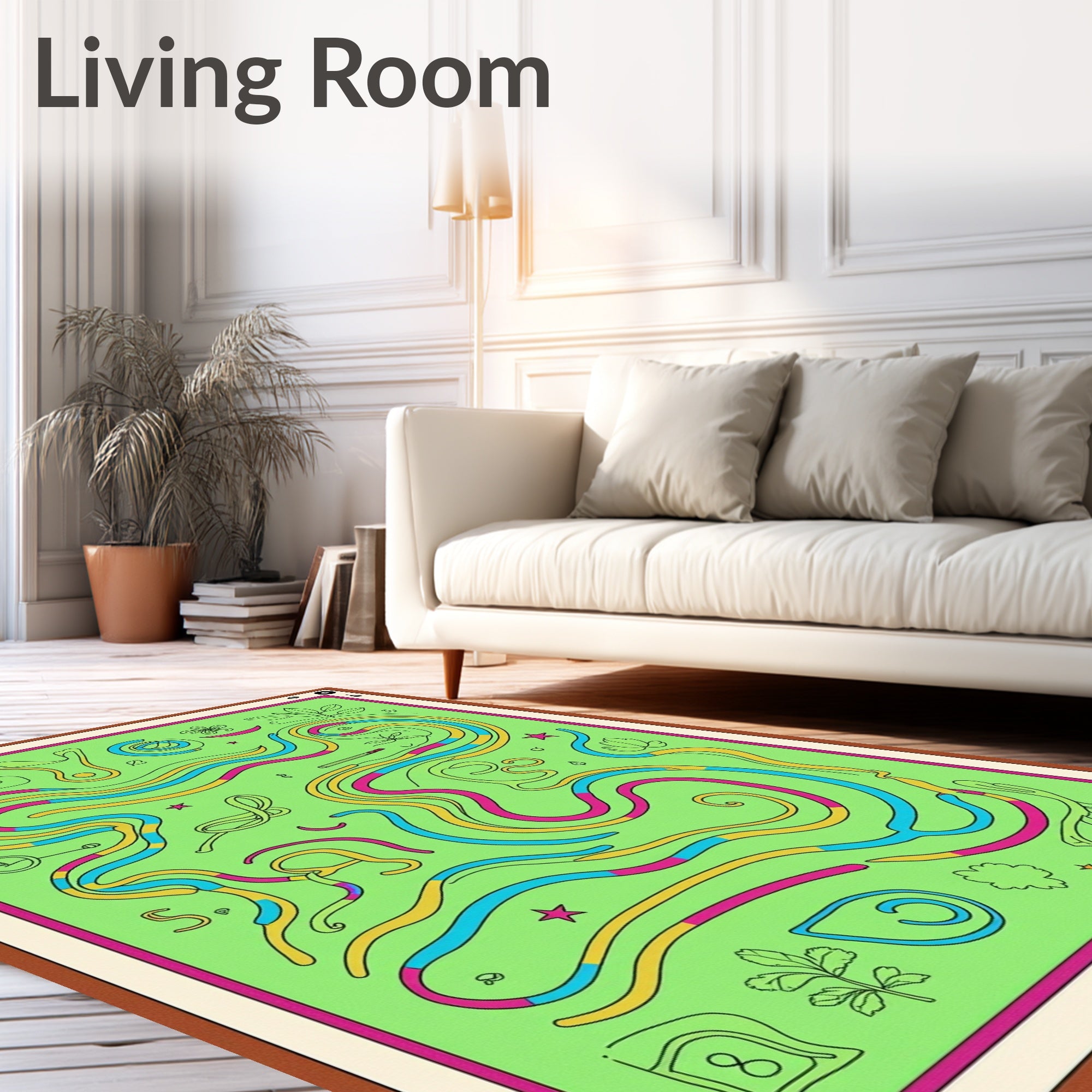Whimsical Green Maze with Vibrant Swirls Rug