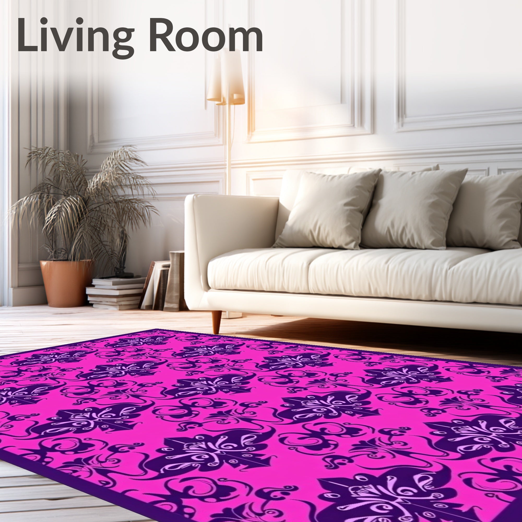 Vibrant Pink Plum Damask Swirl Rug