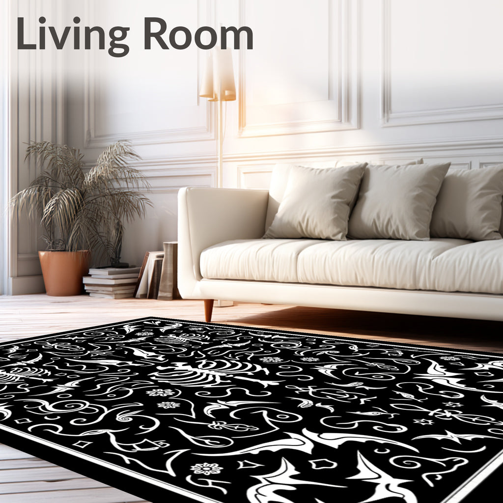 Black White Skeletal Goth Ornate Rug