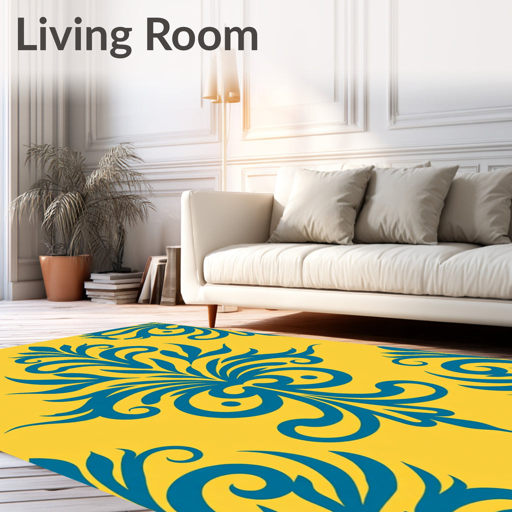 Vibrant Teal Floral Scrollwork Artwork Rug