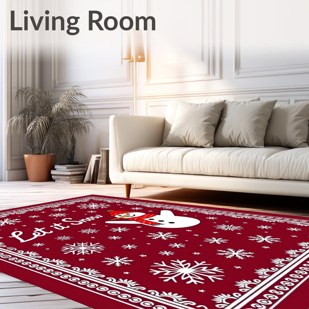 Crimson Snowman Snowflake Border Rug
