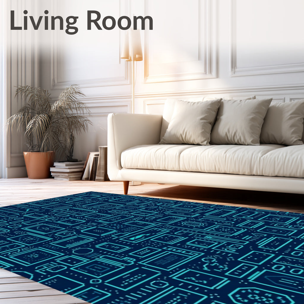 Electric Blue Circuit Board Lines Rug