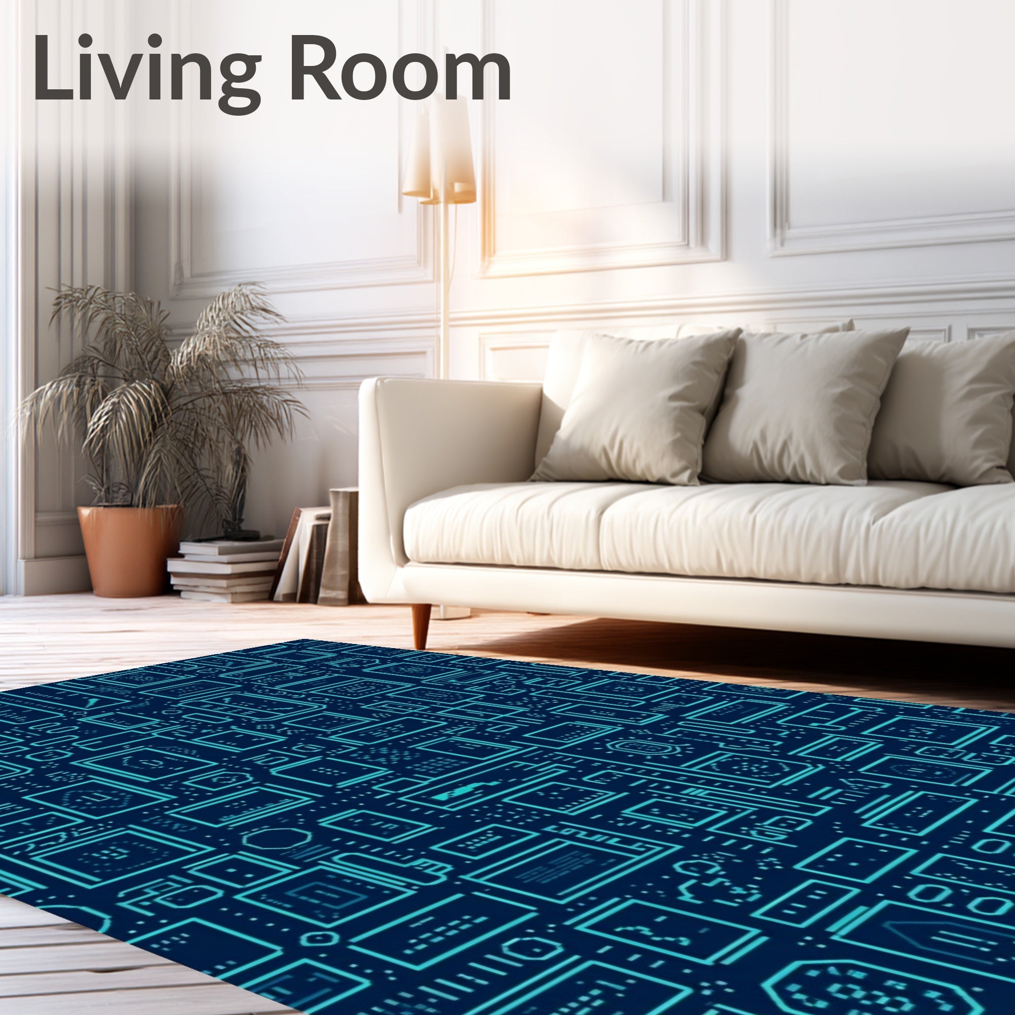 Electric Blue Circuit Board Lines Rug