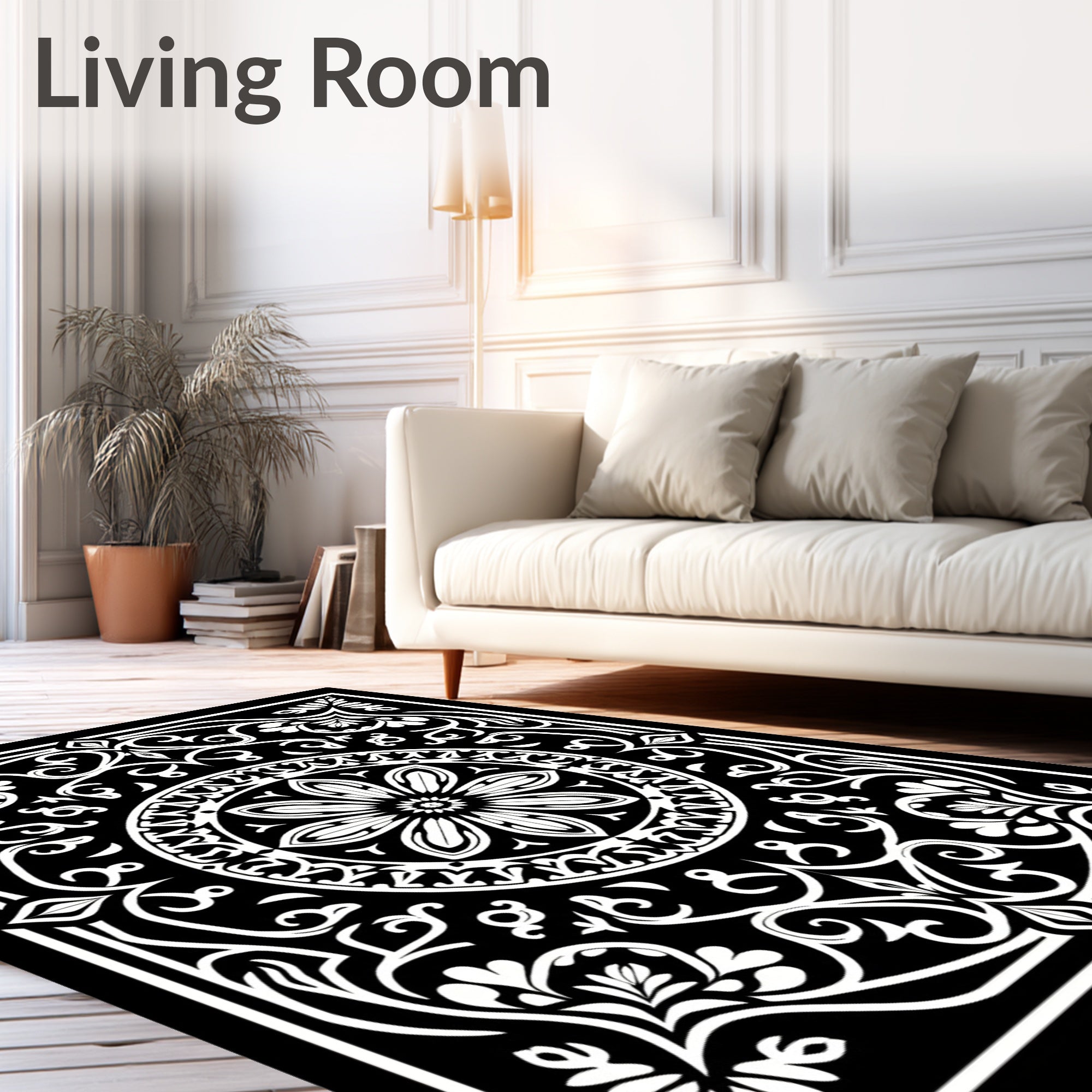 Elegant Black and White Floral Mandala Rug