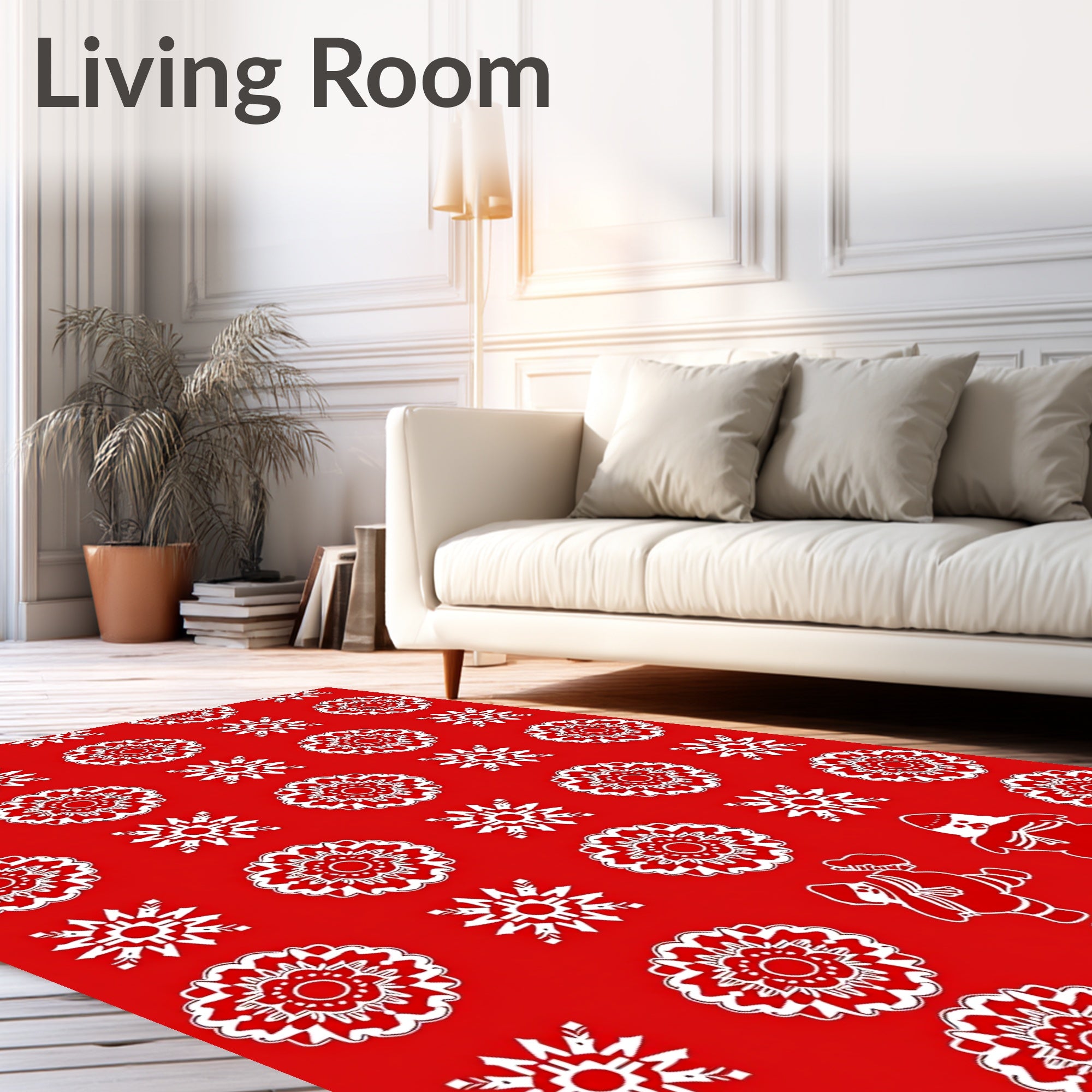 White Snowflakes and Snowmen on Red Rug