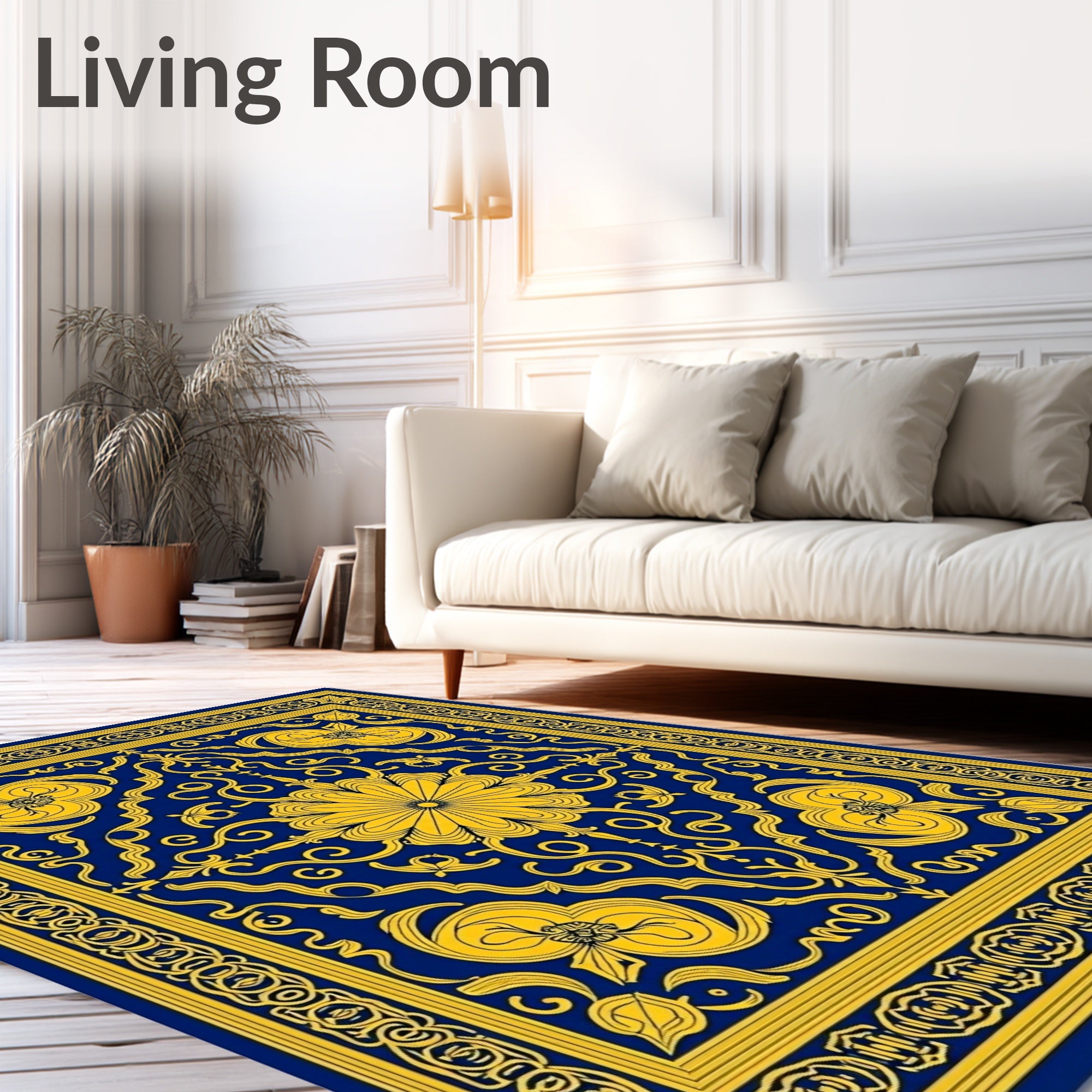 Royal Blue Yellow Floral Scroll Mandate Rug
