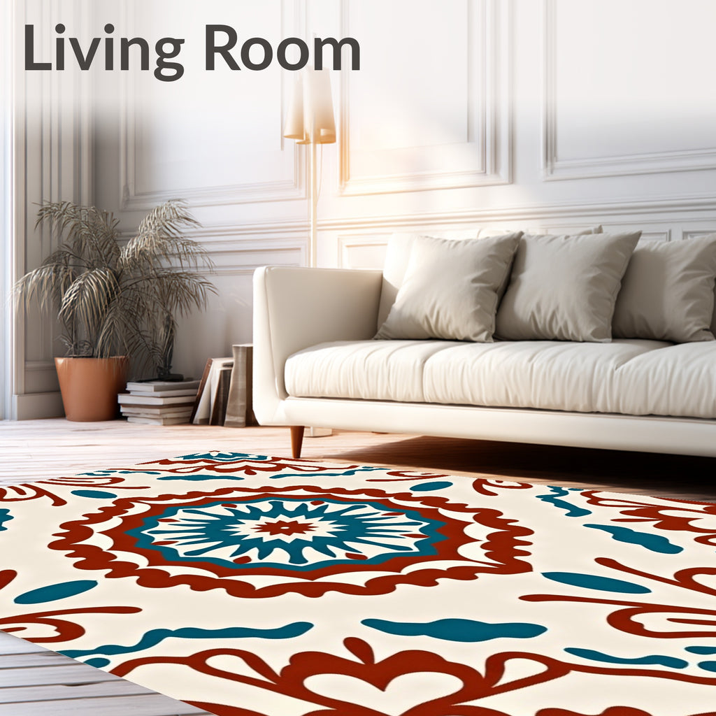 Crimson Teal Medallion Floral Art Rug