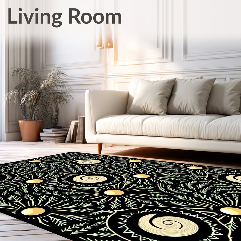 Black Golden Sunburst Fern Swirl Rug