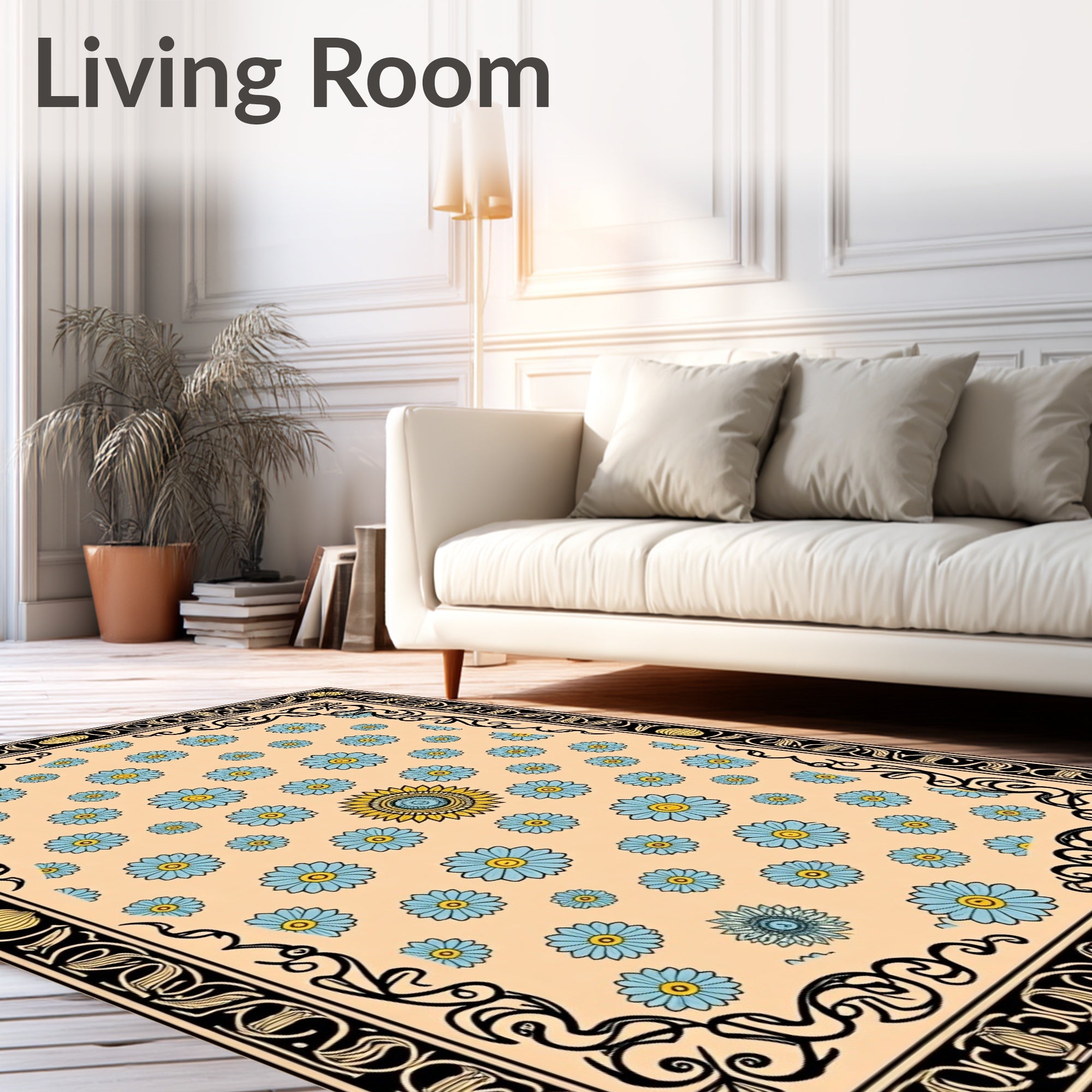 Peach Blue Daisy Scatter Border Rug