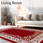 Ornate Red Gold Floral Scroll Border Rug