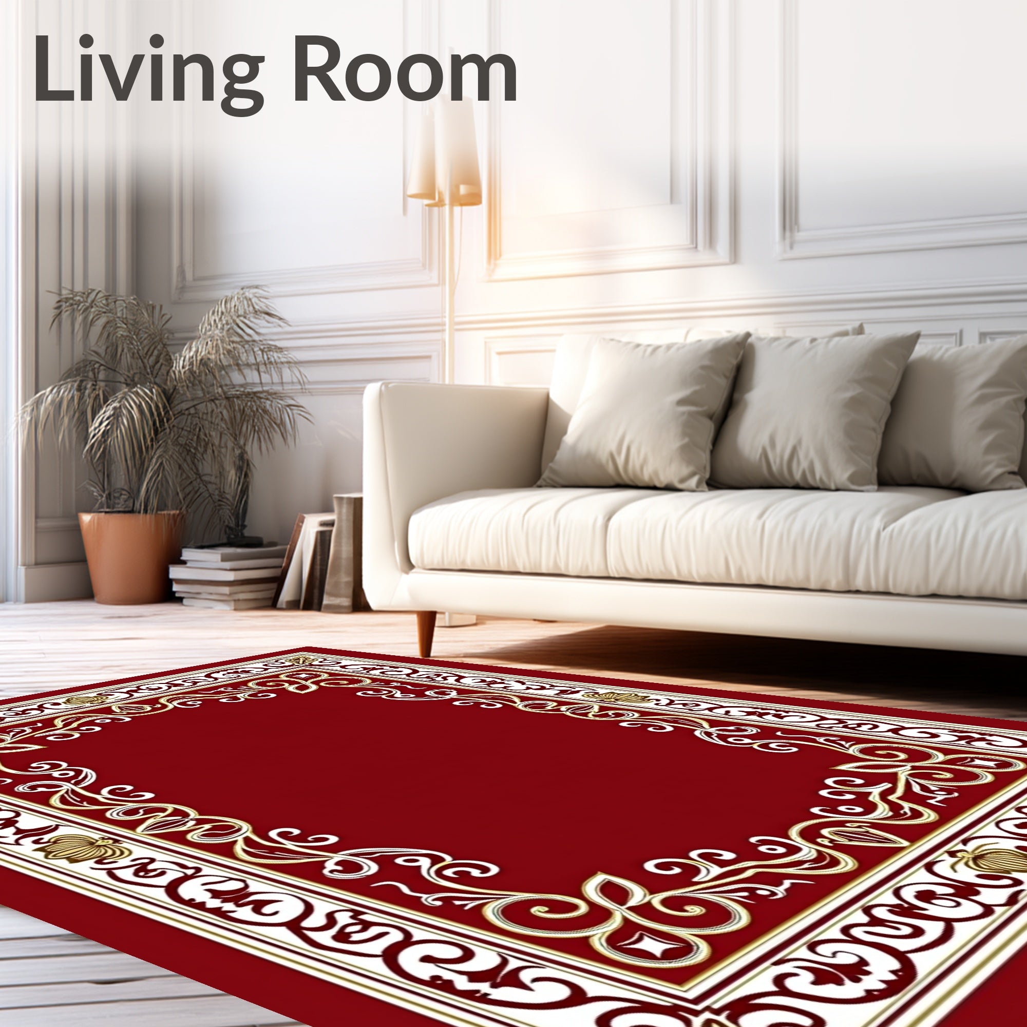 Ornate Red Gold Floral Scroll Border Rug