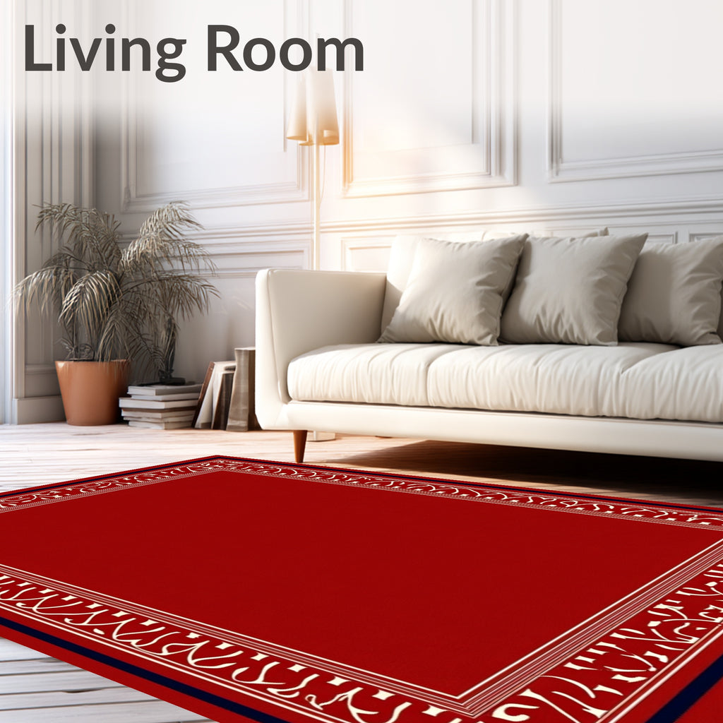 Crimson Bordered White Floral Vine Rug