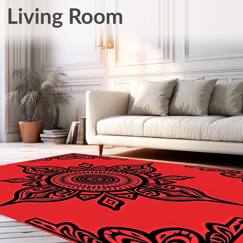 Bold Black Mandala Red Rug