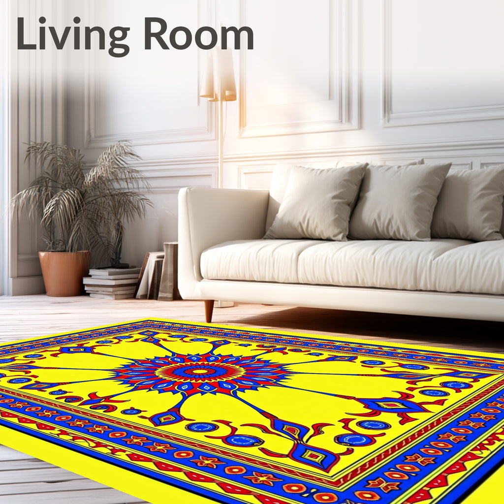 Vibrant Yellow Red Blue Sunburst Medallion Rug
