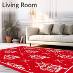 Charming Red White Folk Art Village Rug