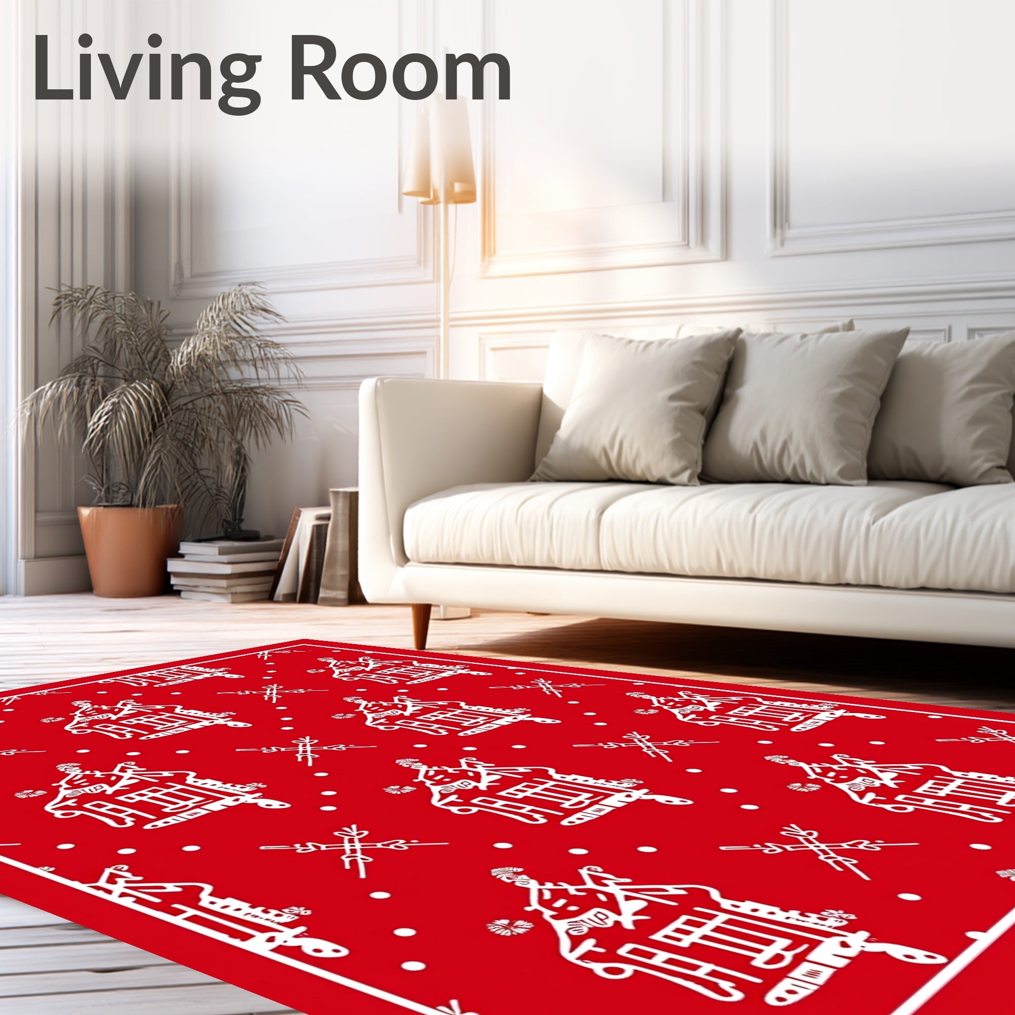 Charming Red White Folk Art Village Rug
