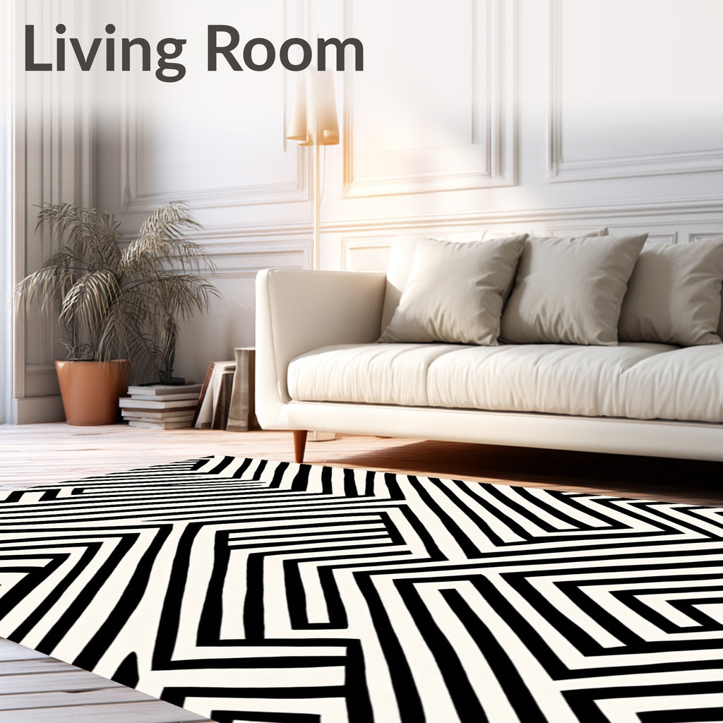Bold Black And White Geometric Maze Rug