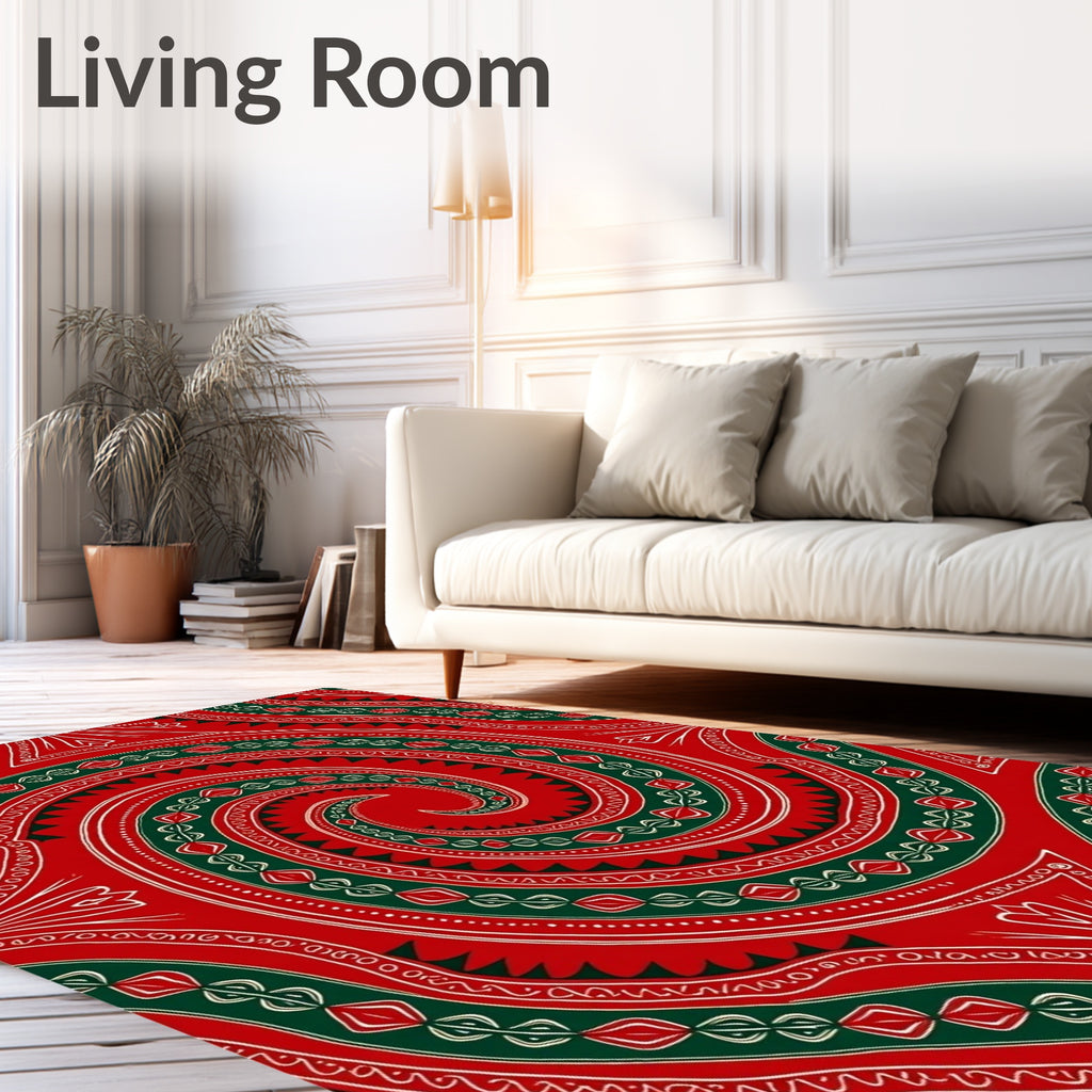 Crimson Green Swirl Folk Art Rug