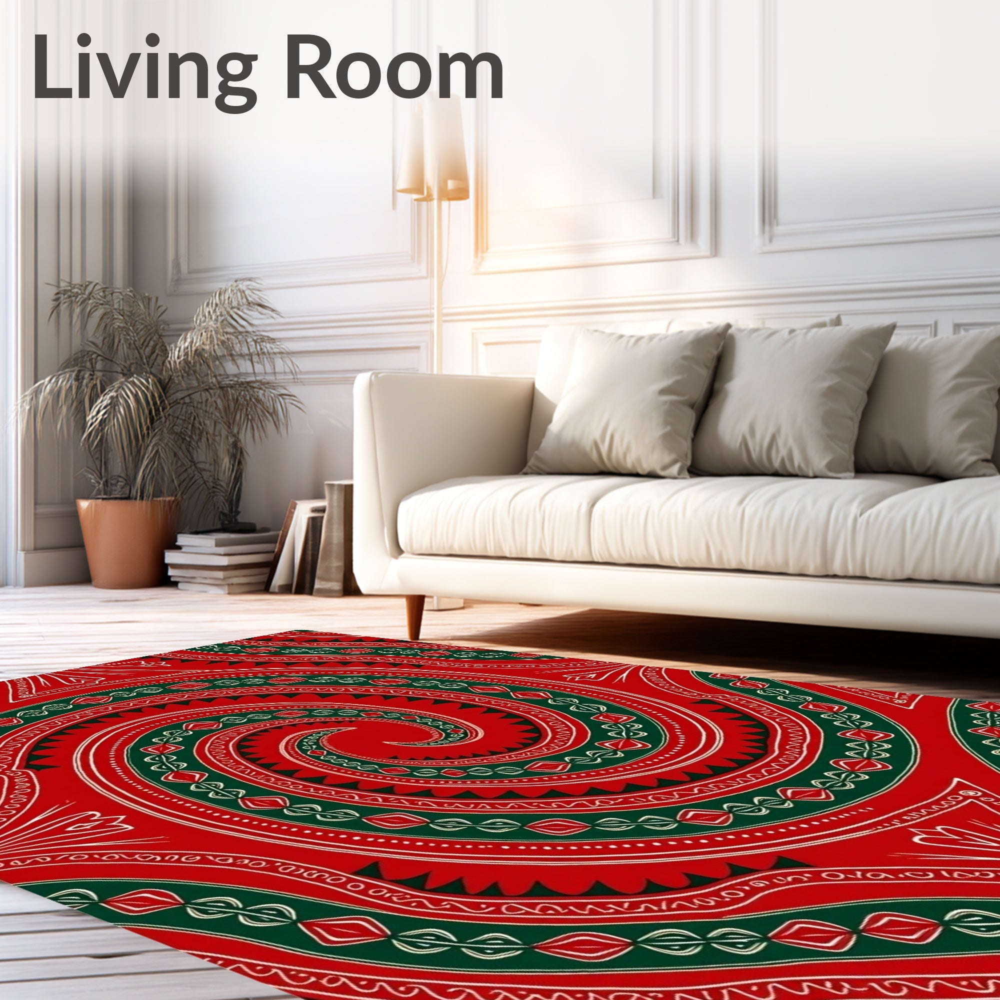 Crimson Green Swirl Folk Art Rug
