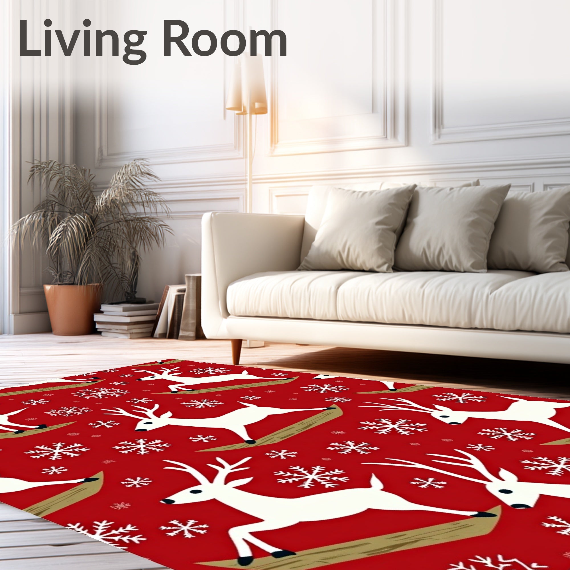Red White Reindeer Snowflake Celebration Rug