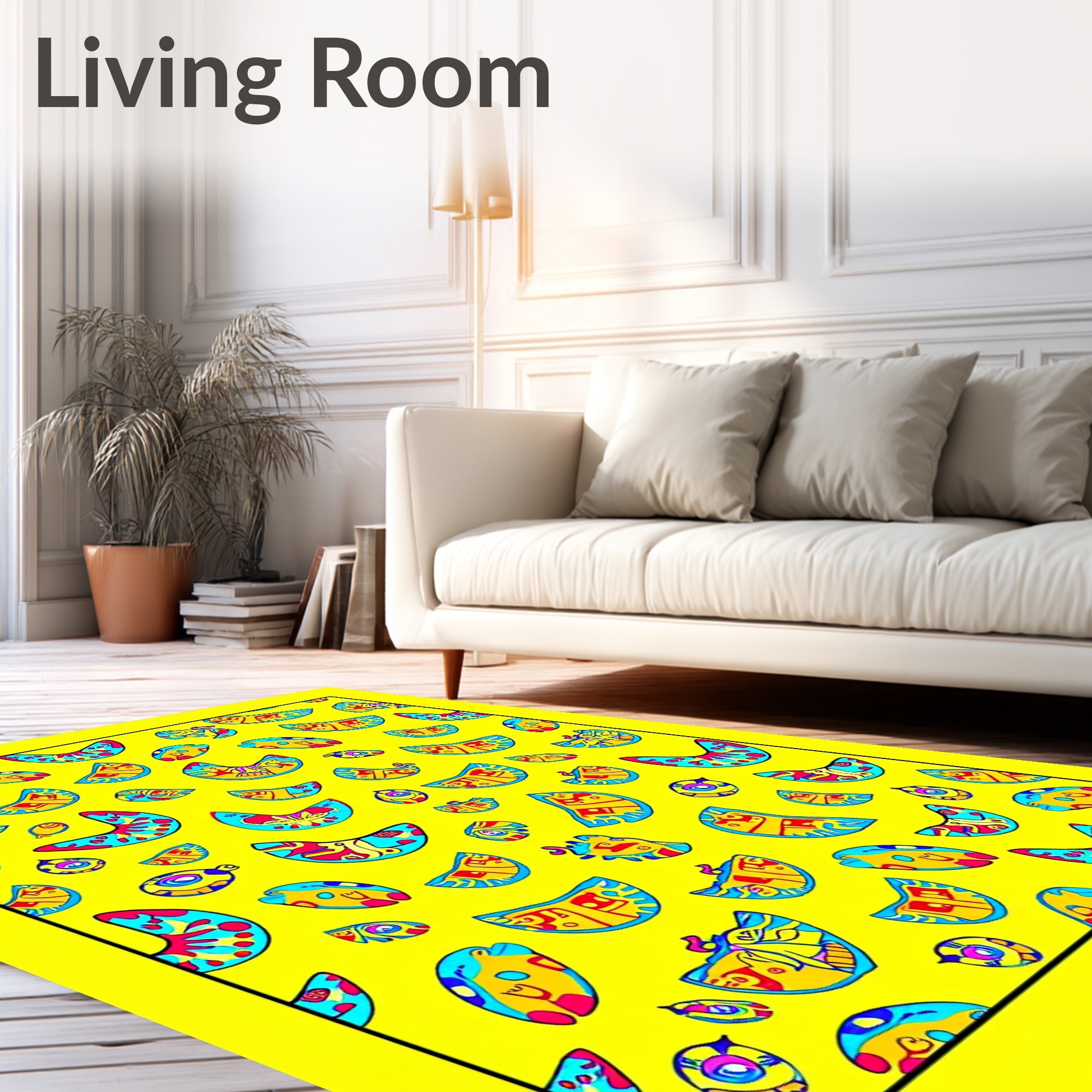 Vibrant Yellow Folk Art Shapes Rug