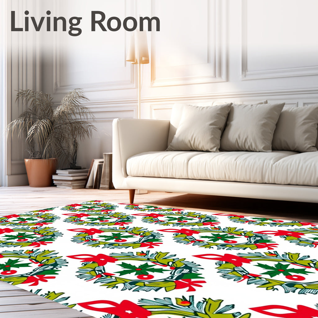 Festive Red Green Holly Wreath Garland Rug