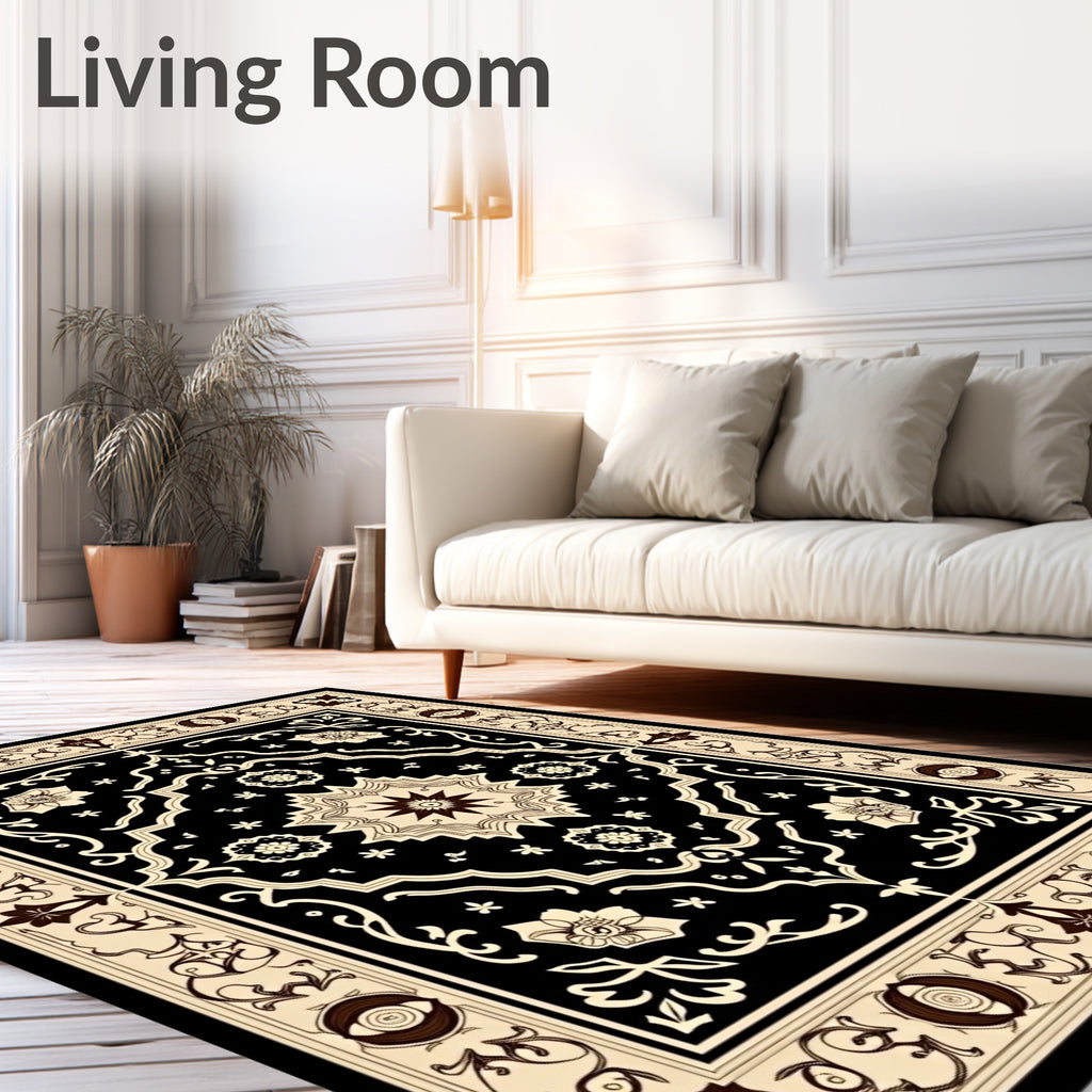 Black and Tan Floral Medallion Rug