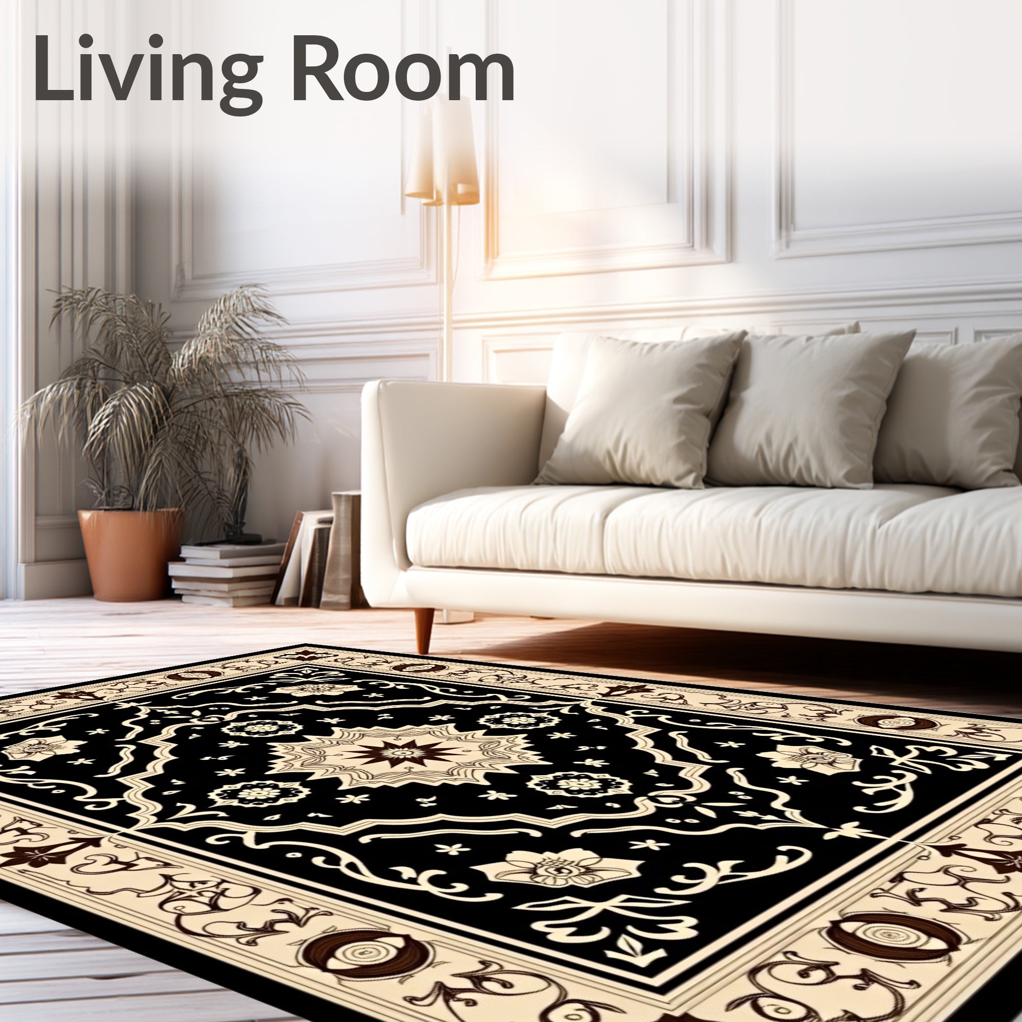 Black and Tan Floral Medallion Rug