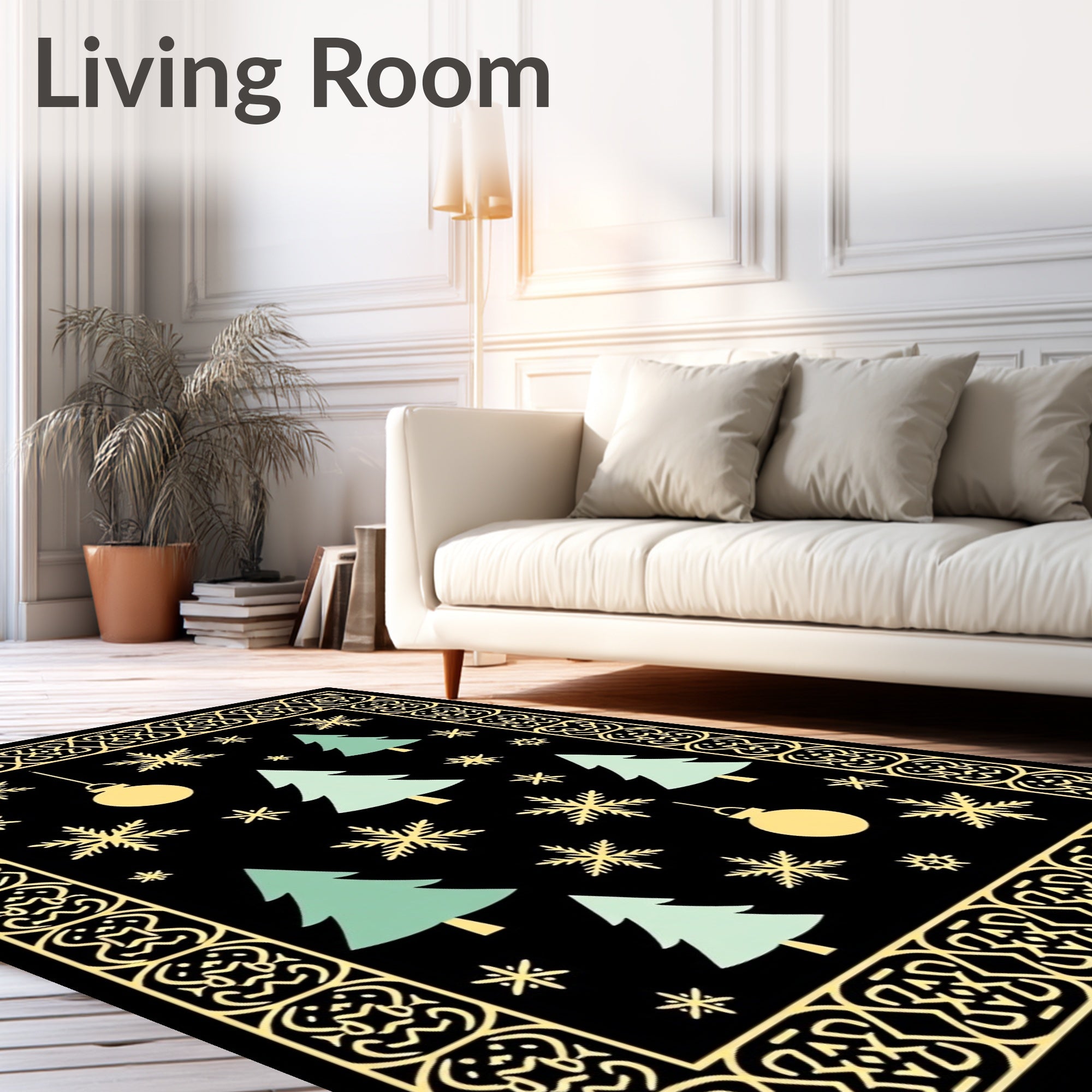 Festive Christmas Trees Snowflakes Baubles Border Rug